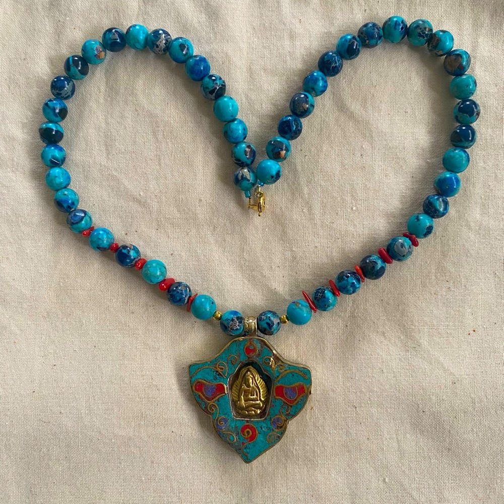 Tibetan Necklace Blue and Coral